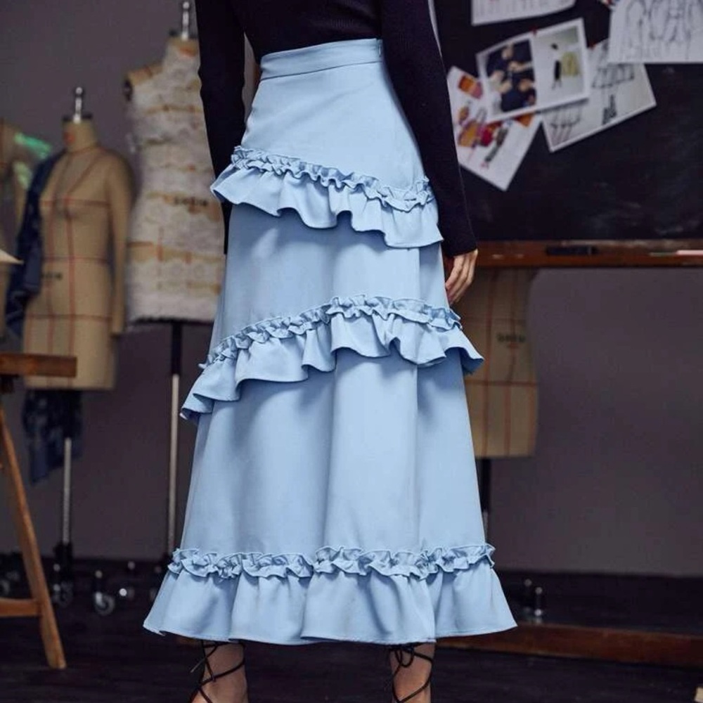 Pompi García Dusty Blue Ruffle Knot Front Maxi Skirt | XS | NWT - Picture 2 of 3